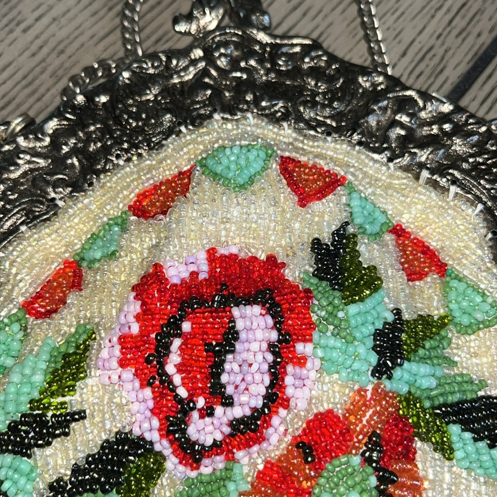 VTG Christiana 100% Silk Hand Beaded Purse Art Deco W/ Mirror & Long Chain - Picture 7 of 10